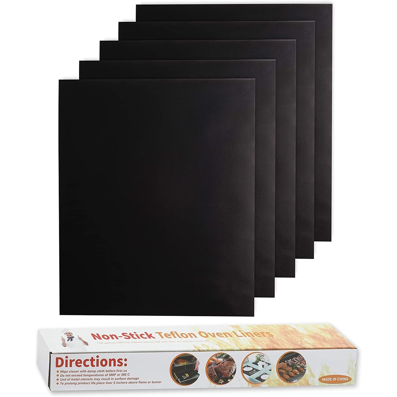 5-Pack Non Stick Reusable Oven Liners, Black Heavy Duty Heat Resistant Mats 15.7"x19.7"